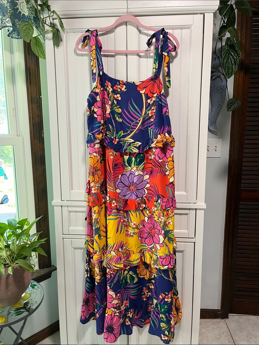 Navy Multicolor Floral Tiered Maxi Dress with Tie Straps